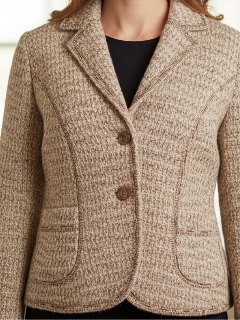 Coldwater Creek Blazer Jacket Lined Tan Wool Blend Tweed Notch Lapel sz P8